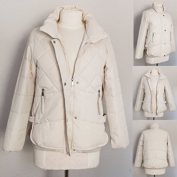 NEW Stone Ecru Ivory  Diamond Quilted High Neck Nylon Cozy Warm Puffer Jacket - Picture 1 of 11